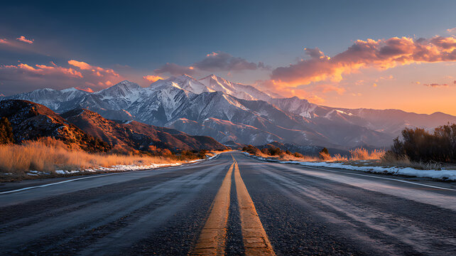 wide road leading to snow-capped mountains, dramatic sunset sky with vivid colors, dramatic lighting, detailed mountains, detailed clouds, cinematic, epic, matte painting style, highly detailed, 8k, u - Powered by Adobe