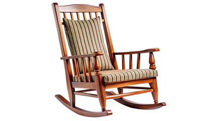 Detailed classic wooden rocking chair with striped cushion.