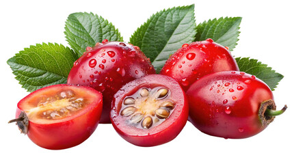 Fresh ripe red rose hips with green leaves and water drops