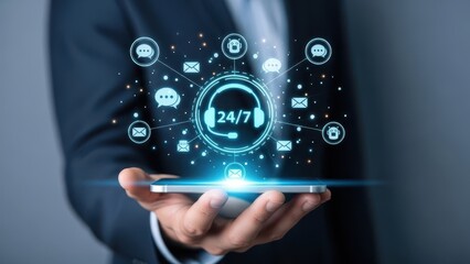 Businessman holding smartphone displaying a glowing 24 7 customer support network interface
