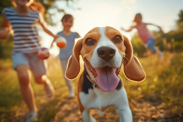 Happy beagle dog running toward camera with joyful children playing behind in sunny field. Concept of childhood joy pet companionship.