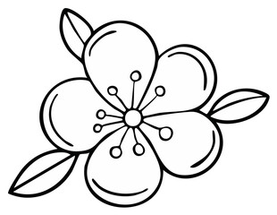 Black and white floral illustration with leaves, line art, blossom in bloom, simple design