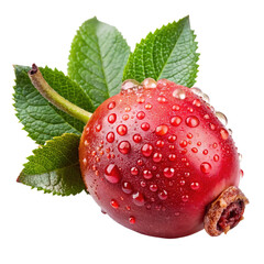 Fresh rosehip fruit with green leaves and water drops