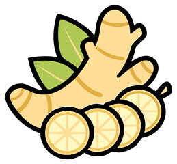 Graphic Illustration of Ginger Root with Leaves and Sliced Lemon for Health and Wellness Concepts