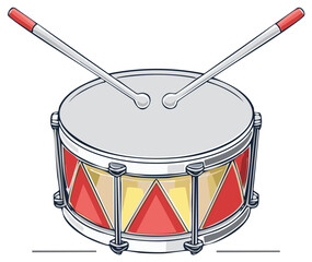 Vibrant cartoon snare drum with red drumsticks ready for a musical performance illustration for percussion concepts