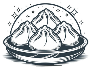 Steamed Asian dumplings on a plate with sparkling elements elegant monochrome illustration