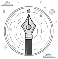 Stylized illustration of a fountain pen nib with ink droplet and celestial elements