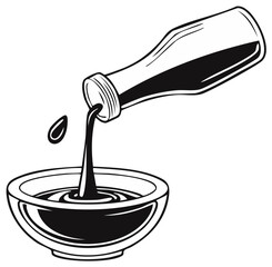 Black and white illustration of soy sauce pouring from a bottle into a small dipping bowl