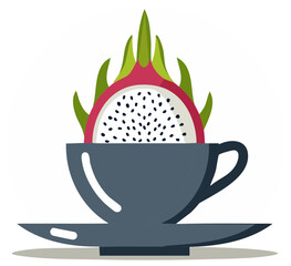 A fresh sliced dragon fruit served inside a modern dark teacup as a healthy exotic beverage concept