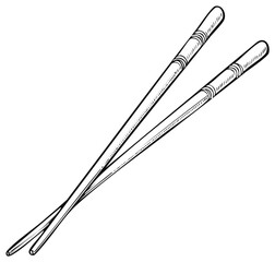Pair of black and white cartoon chopsticks, isolated on a white background, culinary concept