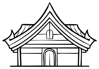Traditional Asian architectural building with an elaborate multi tiered roof design line art illustration