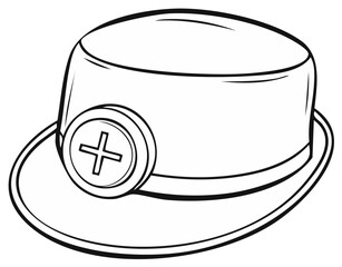 Cartoon nurse cap line art illustration with brim and plus sign badge in vector