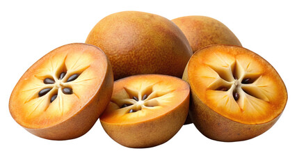 Fresh sapodilla fruit, whole and halved, with visible seeds