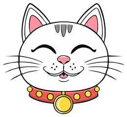 Happy cartoon cat face with pink nose closed eyes and red bell collar