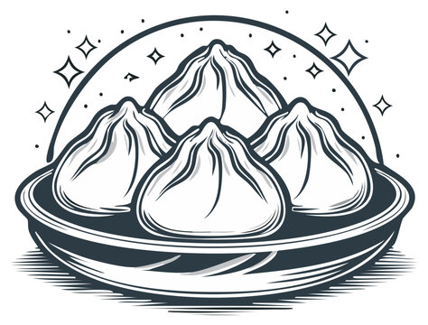 Steamed Asian dumplings on a plate with sparkling elements elegant monochrome illustration - Powered by Adobe