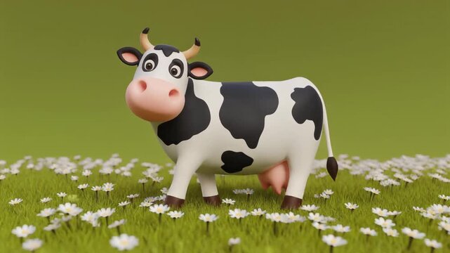 A charming 3D animated dairy cow with distinctive black spots and expressive blue eyes gazes directly forward.