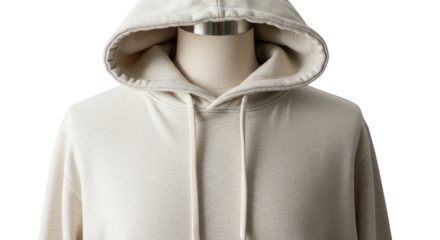 Close up of beige or offwhite hoodie on mannequin isolated on white background