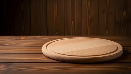 Wooden cutting board on rustic tabletop for food presentation and display
