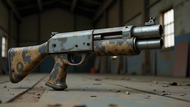 Close Up of a Camouflage Double Barrel Shotgun on a Wooden Floor