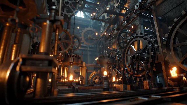 Intricate industrial steampunk mechanism, a detailed view of complex gears and cogs, symbolizing precision engineering, mechanical artistry, and vintage design
