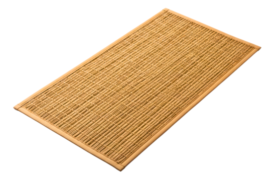 Rectangular bamboo sushi rolling mat made of natural wood sticks on a transparent background
