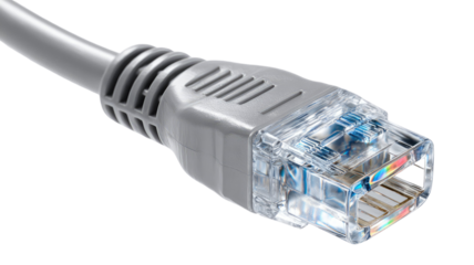 Computer network cable with clear connector head and durable wiring showing precise digital connection details isolated on white background