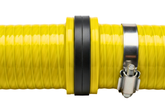 Yellow plastic industrial hose connected with a black coupling on a transparent background