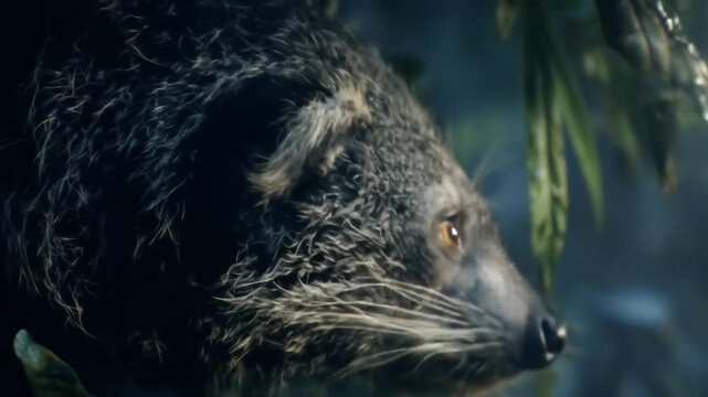 Close up of a binturong exotic animal portrait in lush foliage