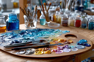 Artist Palette with Brushes and Paint Jars