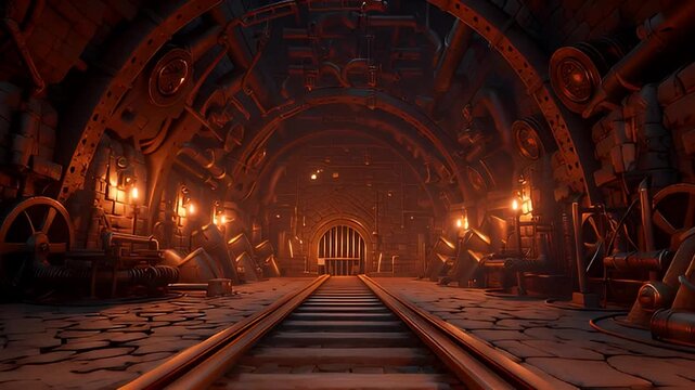 Deep underground industrial tunnel with rusted railway tracks