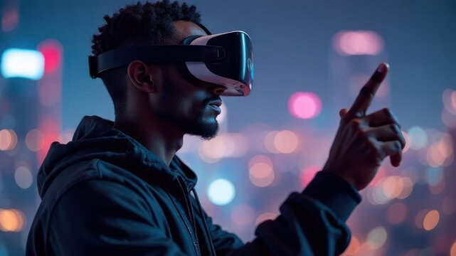 african american man wearing virtual reality headset interacting with digital interface in blurred cityscape background. concept of futuristic technology and immersive experience. tech innovation - Powered by Adobe