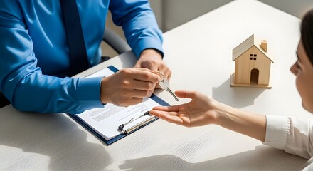 Real estate agent handing house keys to buyer with contract and model