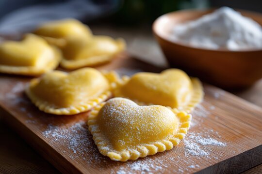 Heart-shaped ravioli with flour on wooden board in warm light setting