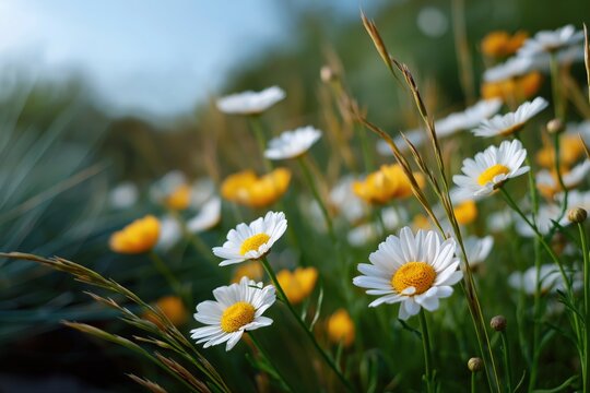 Close-up of blooming yellow and white daisies in a sunlit meadow