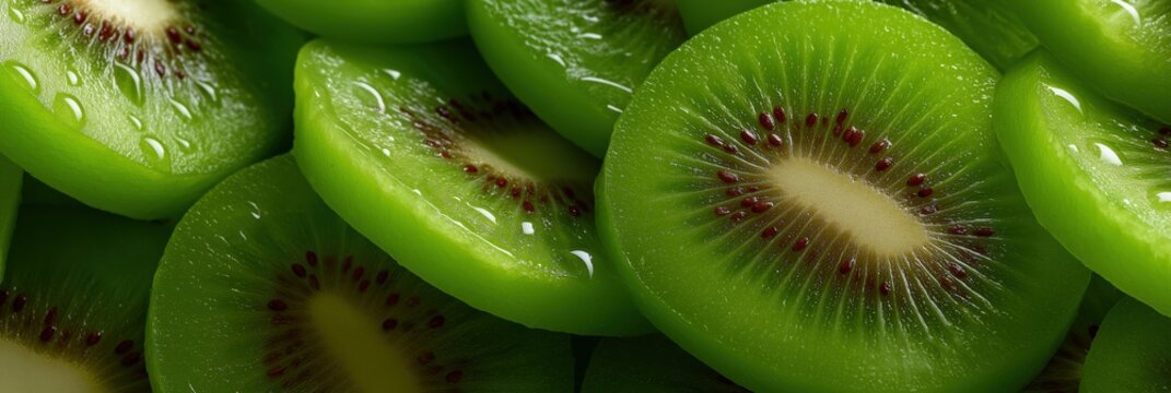 Fresh green sliced kiwi texture with juicy seeds and vibrant colors