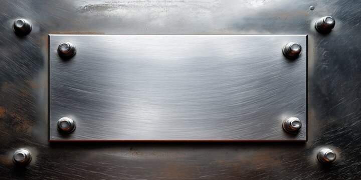 Industrial metal plate with bolts on a rusty steel background