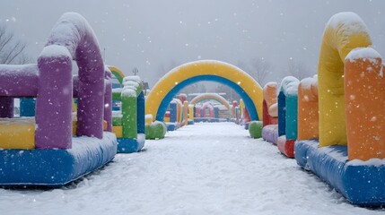 Vibrant colorful inflatable obstacle course set up outdoors and covered in fresh snow during a gentle winter snowfall