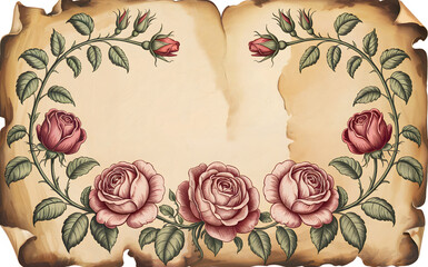Vintage botanical rose flower border on old parchment paper background, antique floral engraving with grunge texture, for wedding, invitation, greeting card, rustic design, love history.