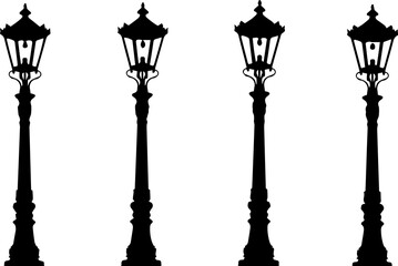 Four ornate black streetlights stand in a row, their intricate designs casting long shadows on the the lamps are oldfashioned