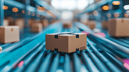Cardboard boxes with shipping labels moving along automated blue conveyor belt system in modern, brightly lit distribution center, symbolizing efficient logistics and global delivery networks.