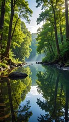 Serene river reflects lush green forest; sunlight streams through the canopy, vertical shot