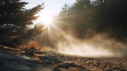 Sunbeams pierce morning mist in a serene forest landscape