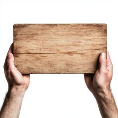 Hands Holding Blank Wooden Sign Isolated on White Background with Copy Space for Message
