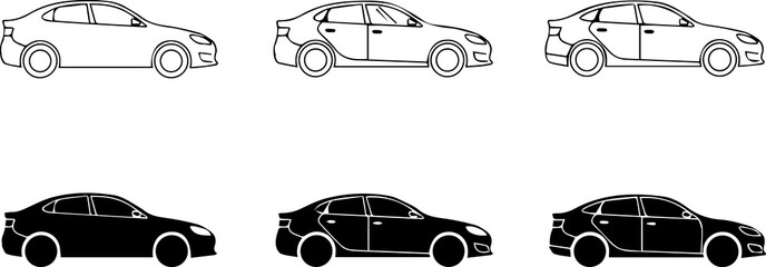 Set of car icons showcasing different styles, perfect for automotive design, transportation themes, and vehiclerelated projects