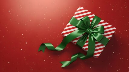 Festive christmas gift wrapped with red stripes and green ribbon