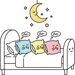 Kawaii Cute Pillows Sleeping Soundly in Bed with Moon and Stars Minimal Outline Vector IllustrationKawaii Cute Pillows Sleeping Soundly in Bed with Moon and Stars Minimal Outline Vector Illustration