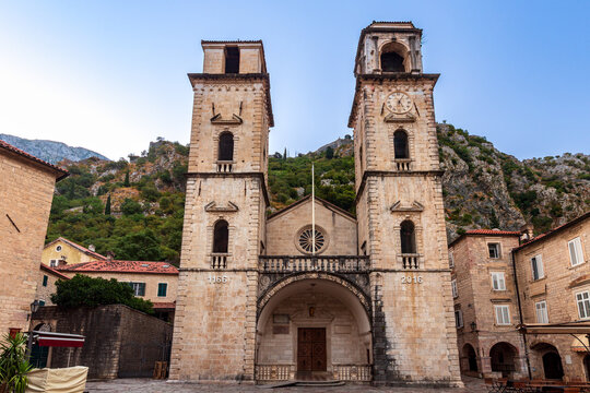 Saint Tryphon Cathedral in the city ok Kotor at dusk. Montenegro. UNESCO World Heritage Site.