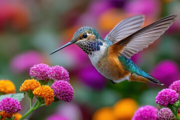 Obraz premium Hummingbird in Flight Near Vibrant Globe Amaranth Flowers