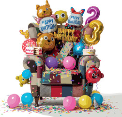 Maximalist Birthday Celebration with Patchwork Armchair, Foil Balloons, Cakes, Confetti, and Numbers 2 and 3 Vector