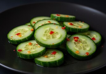 Vibrant close-up of fresh cucumber slices tossed in a fiery red chili garlic sauce, ready to be enjoyed as a savory appetizer or side dish ,vegan ,savory ,gourmet